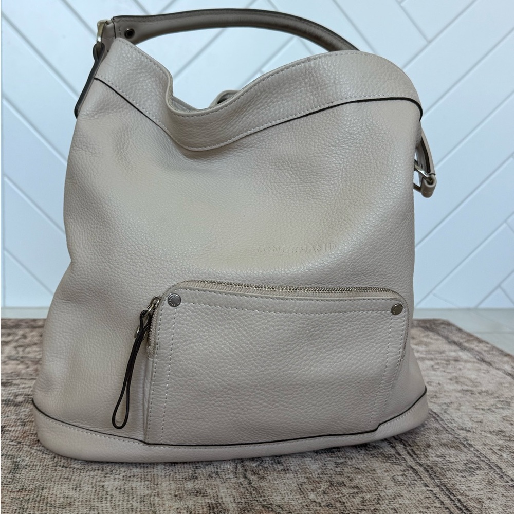 Vintage Longchamp Large Beige Leather Hobo Bag
